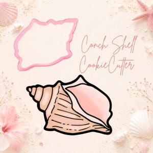 May include: A conch shell cookie cutter and a conch shell illustration. The cookie cutter is a light pink outline of a conch shell shape. The illustration is a detailed conch shell with pink and tan colors. Text reads "Conch Shell Cookie Cutter."