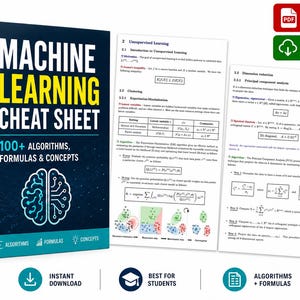 Puede incluir: Un libro azul oscuro titulado Machine Learning Cheat Sheet con un icono de cerebro blanco, acompañado de dos páginas blancas que muestran fórmulas matemáticas, algoritmos y gráficos. Incluye iconos para PDF eBook y descarga instantánea.