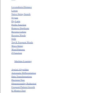 Op de afbeelding: Een wit document met een lijst van blauw onderstreepte tekstlinks gerangschikt onder koppen zoals Is Valid Email Address, Join, Levenshtein Distance, Lower, Naive String Search, Ngram, Pig Latin, Prefix Function, Machine Learning en Apriori Algorithm.