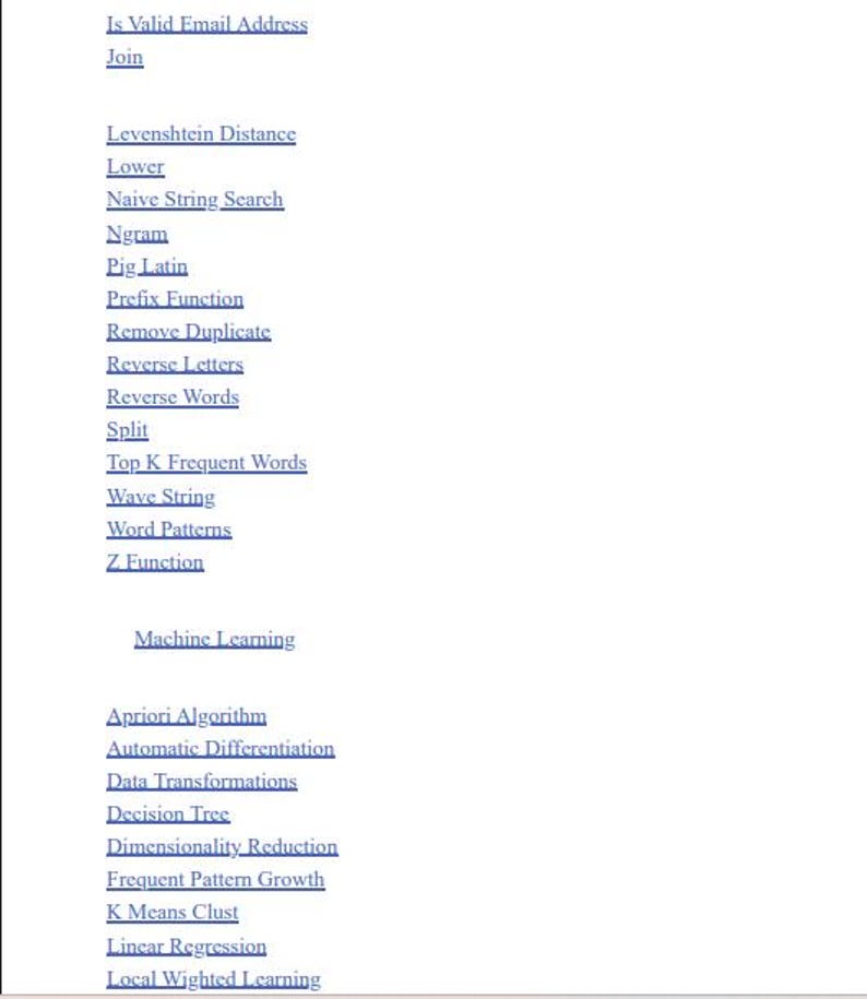 Op de afbeelding: Een wit document met een lijst van blauw onderstreepte tekstlinks gerangschikt onder koppen zoals Is Valid Email Address, Join, Levenshtein Distance, Lower, Naive String Search, Ngram, Pig Latin, Prefix Function, Machine Learning en Apriori Algorithm.