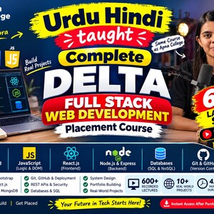 Delta Full Stack-kurs i webbutveckling på hindi och urdu | 600+ inspelade föreläsningar, 10+ projekt, HTML, CSS, JavaScript, React, Node.js