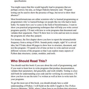 May include: A page of black text on a white background featuring the heading Who Should Read This? in dark red. The content discusses programming techniques, bioinformatics, and testing code, referencing Edsger Dijkstra and Python.