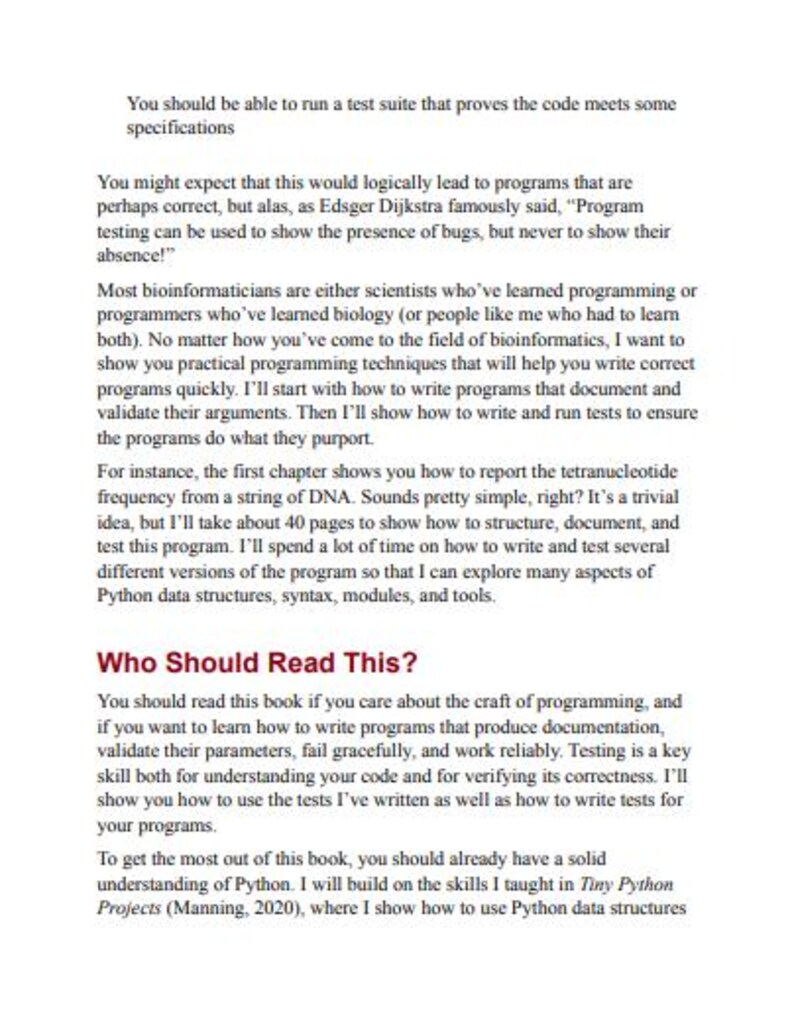May include: A page of black text on a white background featuring the heading Who Should Read This? in dark red. The content discusses programming techniques, bioinformatics, and testing code, referencing Edsger Dijkstra and Python.