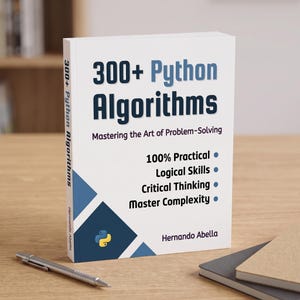 Op de afbeelding: Een wit boek getiteld 300+ Python Algorithms: Mastering the Art of Problem-Solving door Hernando Abella. De kaft bevat donkerblauwe en lichtblauwe geometrische accenten, het Python-logo en een lijst met logische vaardigheden.