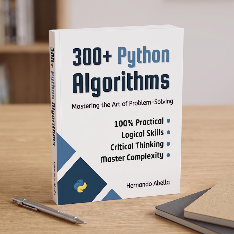Op de afbeelding: Een wit boek getiteld 300+ Python Algorithms: Mastering the Art of Problem-Solving door Hernando Abella. De kaft bevat donkerblauwe en lichtblauwe geometrische accenten, het Python-logo en een lijst met logische vaardigheden.