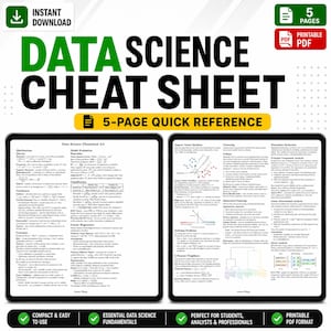May include: A five-page data science cheat sheet in PDF format. The document features two digital tablet screens displaying technical content, including mathematical formulas, statistical distributions, and machine learning concepts like regression and clustering.