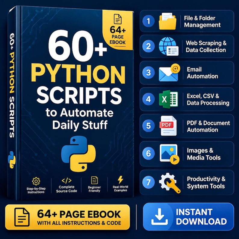 Python automation scripts ebook with 60+ coding projects, 64+ page PDF guide, ready-to-use Python code, web scraping, file automation, Excel tools, PDF automation, and productivity scripts digital download