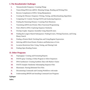 May include: A white page titled Table of Contents with black text listing chapters and sections including The Rosalind.info Challenges and Other Programs, ending with Mastering Python for Bioinformatics by Ken Youens-Clark.