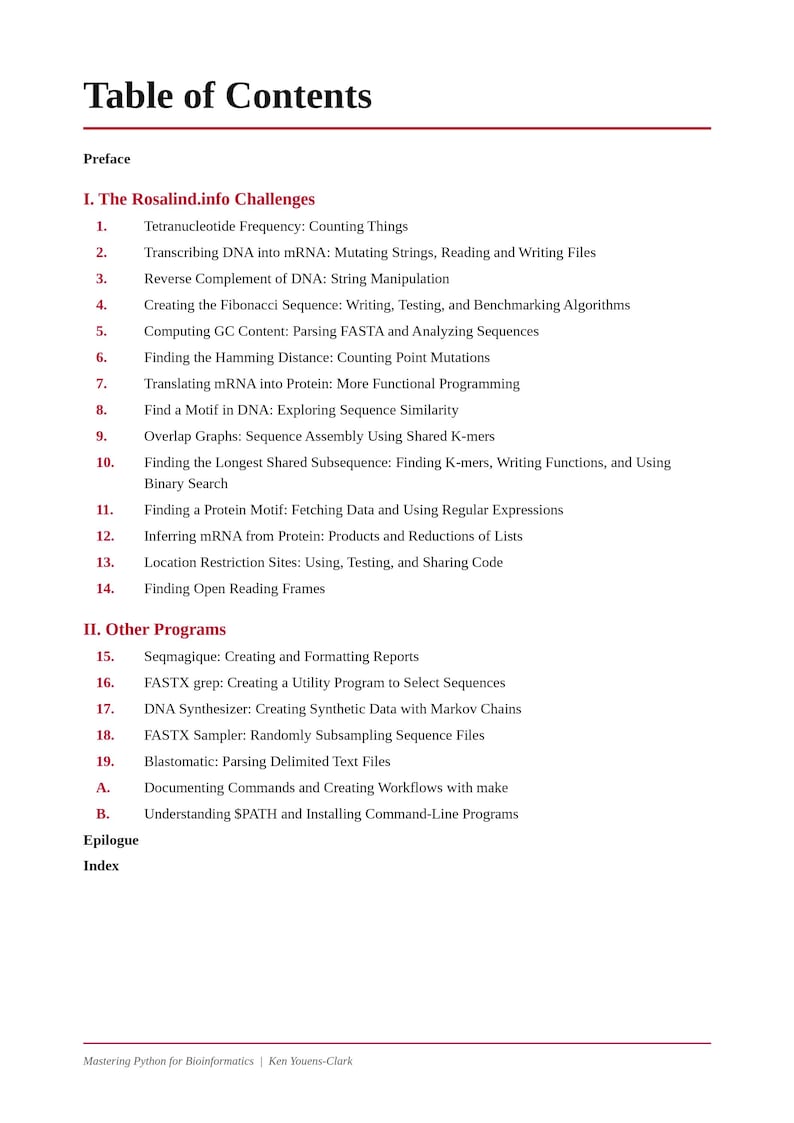 May include: A white page titled Table of Contents with black text listing chapters and sections including The Rosalind.info Challenges and Other Programs, ending with Mastering Python for Bioinformatics by Ken Youens-Clark.