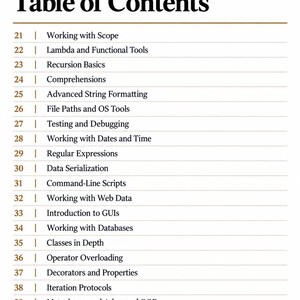 Puede incluir: Una tabla de contenidos que enumera los cap&iacute;tulos del 21 al 40, incluyendo temas como Working with Scope, Lambda and Functional Tools, Recursion Basics, Comprehensions, Advanced String Formatting, File Paths, Testing y Data Serialization.