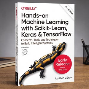 May include: A white book titled Hands-on Machine Learning with Scikit-Learn, Keras & TensorFlow, 2nd Edition by Aurélien Géron. The cover features a black and yellow salamander illustration, an O'Reilly logo, and a red Early Release circle.