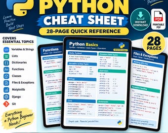 Python Cheat Sheet PDF | Matplotlib, Django, Git (28-Page Digital Download)