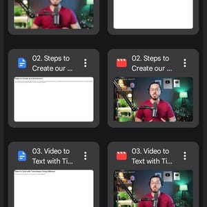 K&ouml;nnte beinhalten: Eine mobile App-Oberfl&auml;che mit einem Dateiverzeichnis namens 21. Project 3 - RAG base. Der Bildschirm zeigt ein Raster aus acht Dateikarten, die zwischen Dokumentensymbolen und Videovorschaubildern einer Person in einem roten Hemd abwechseln.