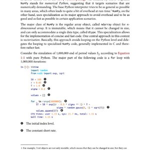 以下が含まれることがあります： NumPy and Vectorizationというタイトルの技術ページ。NumPy Pythonパッケージ、ndarrayオブジェクト、ベクトル化について説明するテキストが含まれています。ループ処理を含むコードスニペットと番号付きの注釈が記載されています。