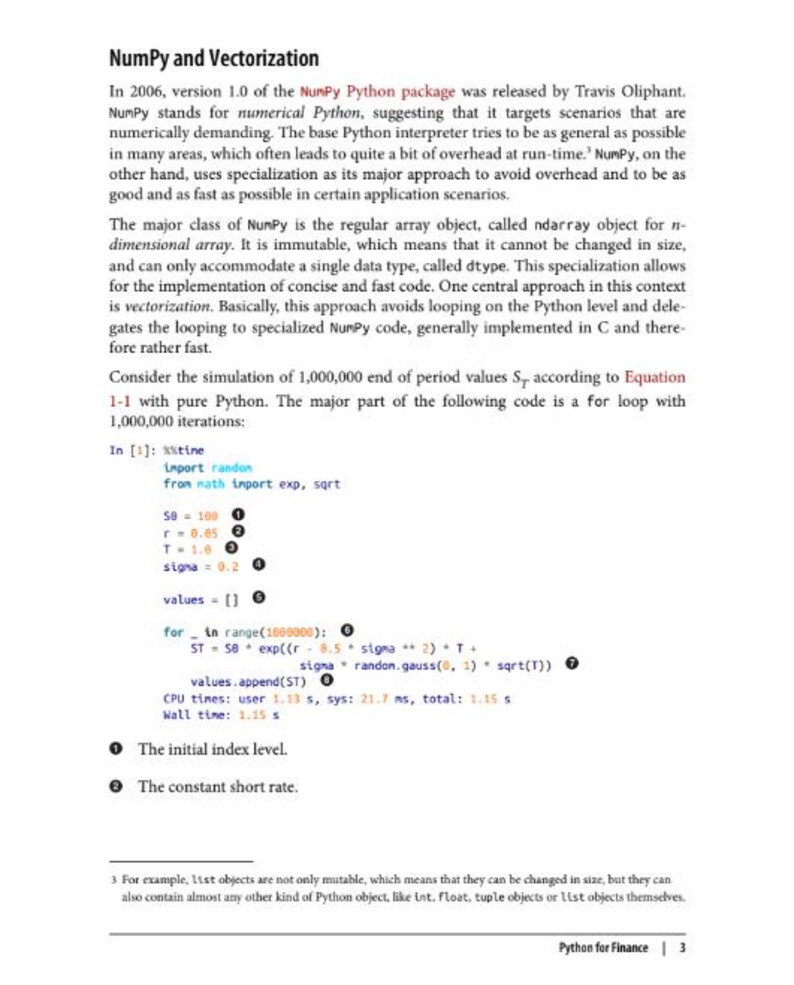 以下が含まれることがあります： NumPy and Vectorizationというタイトルの技術ページ。NumPy Pythonパッケージ、ndarrayオブジェクト、ベクトル化について説明するテキストが含まれています。ループ処理を含むコードスニペットと番号付きの注釈が記載されています。