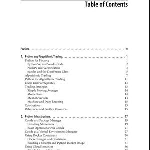 Table of Contents page from the Python for Algorithmic Trading ebook, listing chapter titles.