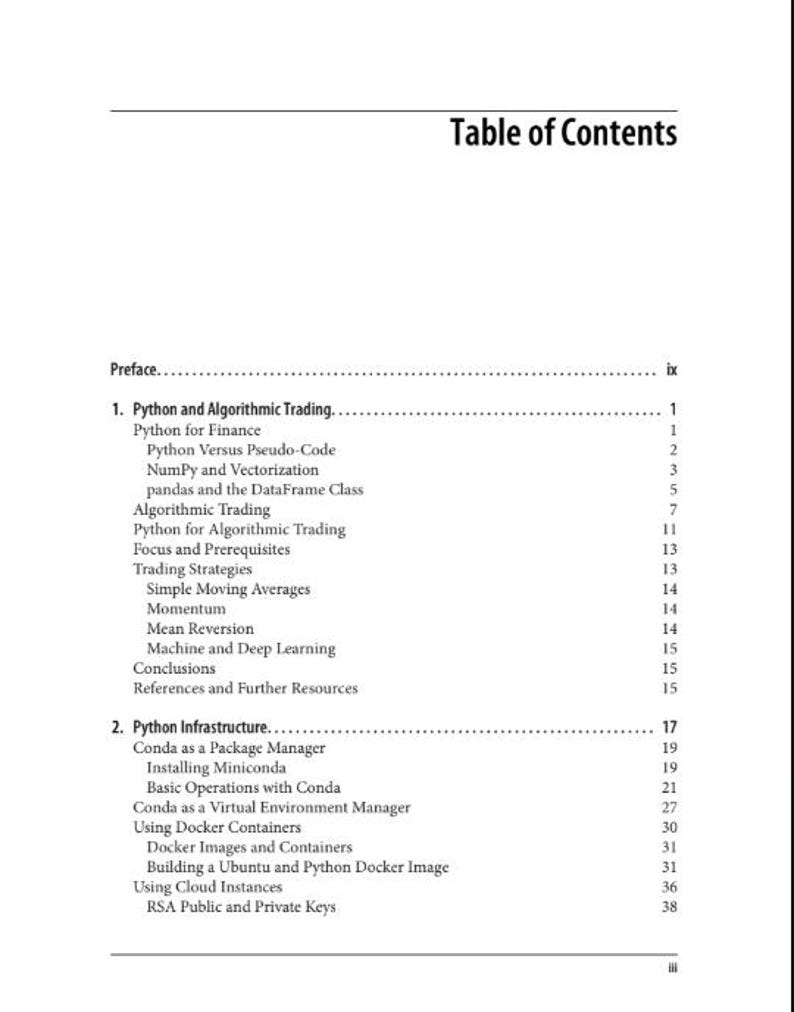 Table of Contents page from the Python for Algorithmic Trading ebook, listing chapter titles.