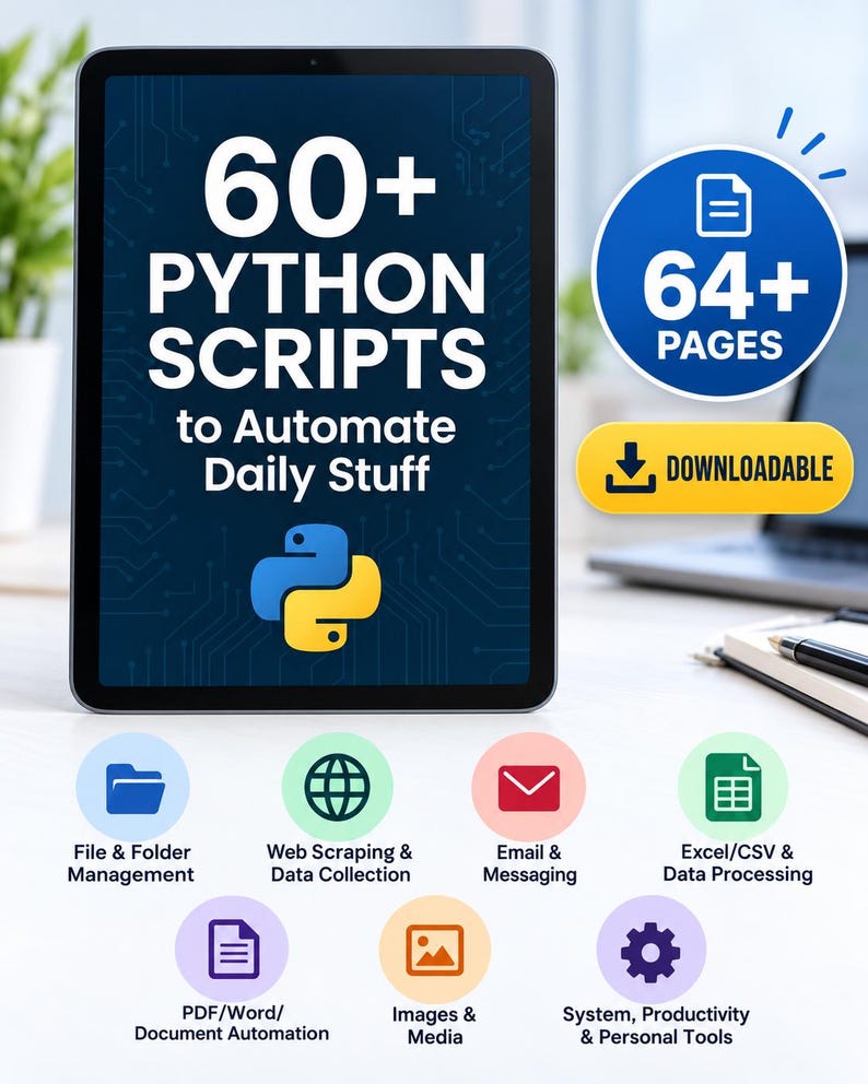 Python automation scripts ebook with 60+ coding projects, 64+ page PDF guide, ready-to-use Python code, web scraping, file automation, Excel tools, PDF automation, and productivity scripts digital download