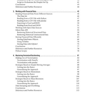 以下が含まれることがあります： 目次のページで、45ページからの「Working with Financial Data」や81ページからの「Mastering Vectorized Backtesting」などの章やサブトピックが記載されており、ページ番号は右側に揃えられています。