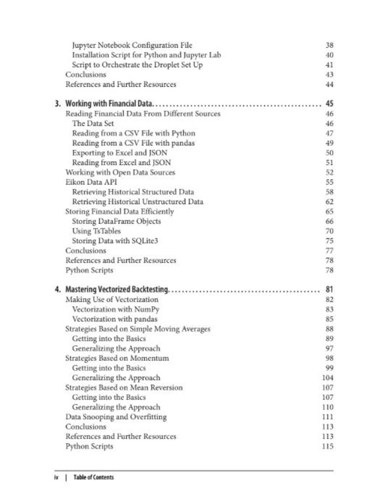 以下が含まれることがあります： 目次のページで、45ページからの「Working with Financial Data」や81ページからの「Mastering Vectorized Backtesting」などの章やサブトピックが記載されており、ページ番号は右側に揃えられています。