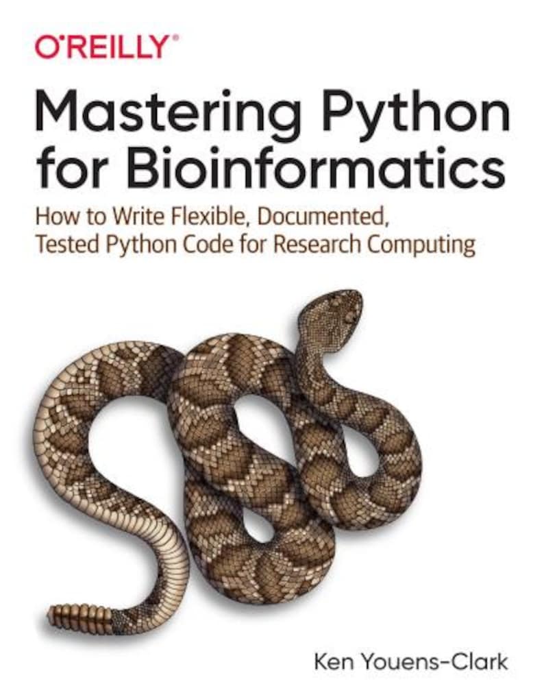 The front cover of the "Mastering Python for Bioinformatics" book, featuring a coiled rattlesnake and the title.