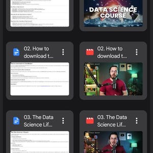 K&ouml;nnte beinhalten: Eine mobile App-Oberfl&auml;che mit einer Liste von Bildungsdateien zum Thema Data Science. Der Bildschirm zeigt Dokumentensymbole und Videovorschaubilder mit Titeln wie 01. What is Data Science, 02. How to download, 03. The Data Science Lifecycle und 04. Data Science Tools.