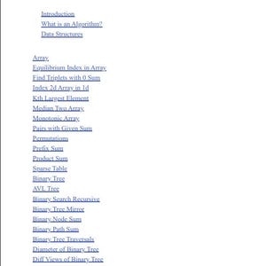 Op de afbeelding: Een wit document getiteld Table of contents met een lijst van blauwe onderstreepte tekstlinks waaronder Introduction, What is an Algorithm?, Data Structures, Array, Equilibrium Index, Find Triplets, Kth Largest Element en diverse boomstructuren.