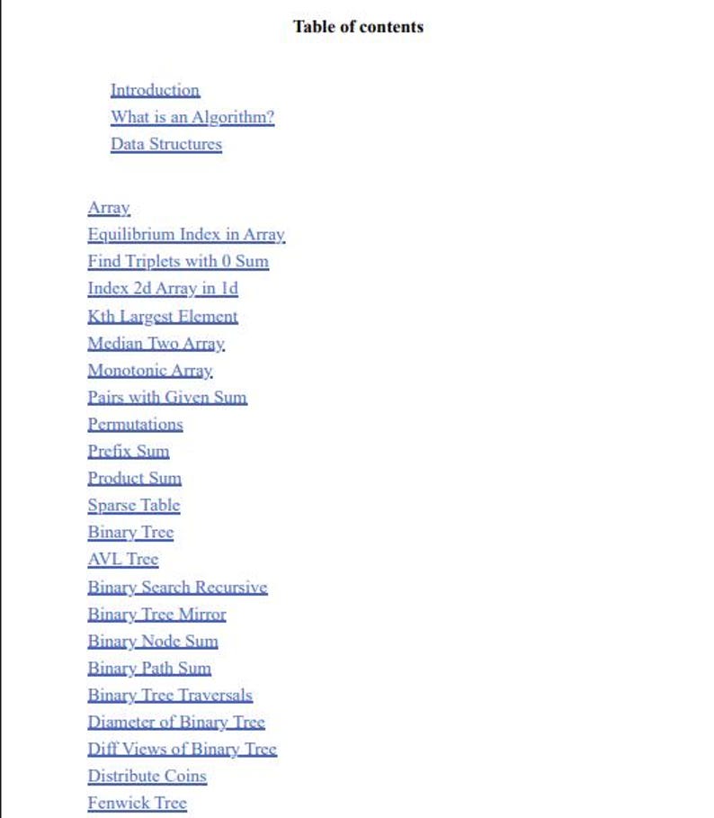 Op de afbeelding: Een wit document getiteld Table of contents met een lijst van blauwe onderstreepte tekstlinks waaronder Introduction, What is an Algorithm?, Data Structures, Array, Equilibrium Index, Find Triplets, Kth Largest Element en diverse boomstructuren.