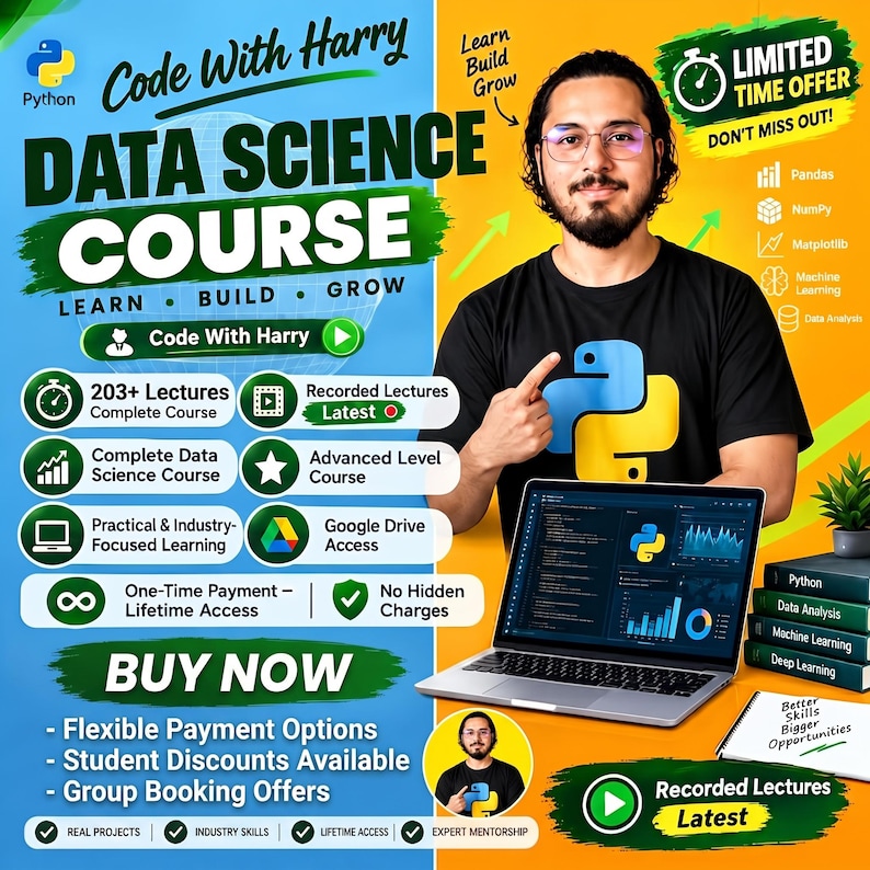 K&ouml;nnte beinhalten: Eine Werbegrafik f&uuml;r einen Data Science Kurs von Code With Harry. Sie zeigt eine Person in einem schwarzen T-Shirt mit Python-Logo, einen Laptop mit Daten-Diagrammen und Text zu Kursmerkmalen wie 203+ Lektionen und lebenslangem Zugriff.