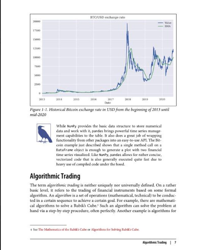 以下が含まれることがあります： 「Algorithmic Trading」というタイトルの技術書のページ。2013年から2020年までの歴史的なBTC/USD為替レートを示す折れ線グラフ、小さなカラスのイラスト、データ構造と取引に関する説明文が記載されています。