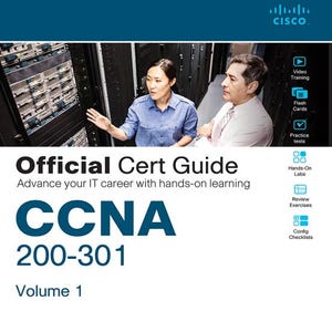 Könnte beinhalten: Ein Buchcover mit dem Titel Official Cert Guide CCNA 200-301 Volume 1. Das Cover zeigt ein Foto von zwei Personen in einem Serverraum, das Cisco-Logo und eine Liste von Lernressourcen wie Video Training, Flash Cards und Hands-On Labs.