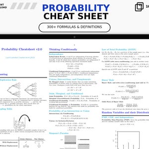 May include: A digital probability cheat sheet displayed on a tablet screen, featuring the title Probability Cheat Sheet v2.0, 300+ formulas, definitions, mathematical diagrams, and statistical rules including Bayes' Rule and the Law of Total Probability.