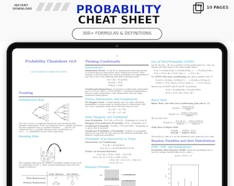 Probability Cheat Sheet PDF, Statistics Formulas and Definitions, Printable 10-Page Study Guide, Instant Download