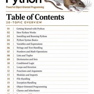 Puede incluir: La portada del libro Learning Python de Mark Lutz presenta una ilustraci&oacute;n de un rat&oacute;n marr&oacute;n, el logotipo de O'Reilly y una tabla de contenidos que enumera 20 temas desde Getting Started with Python hasta Advanced Python Concepts.