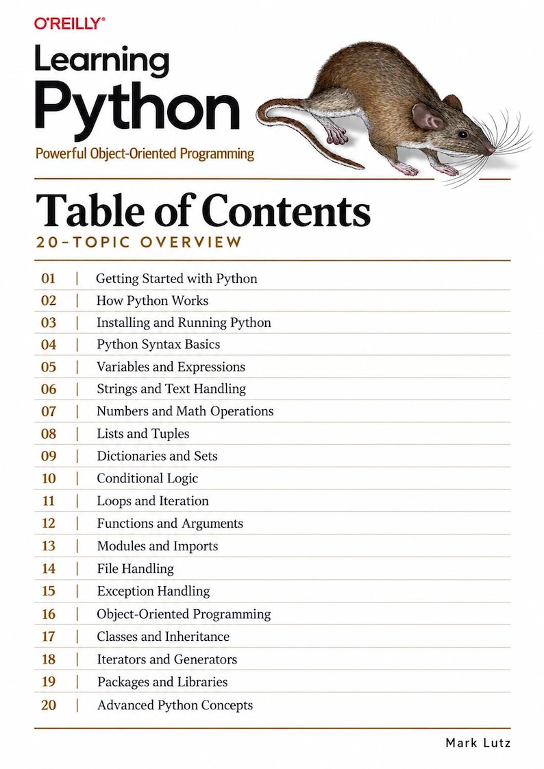 Puede incluir: La portada del libro Learning Python de Mark Lutz presenta una ilustraci&oacute;n de un rat&oacute;n marr&oacute;n, el logotipo de O'Reilly y una tabla de contenidos que enumera 20 temas desde Getting Started with Python hasta Advanced Python Concepts.