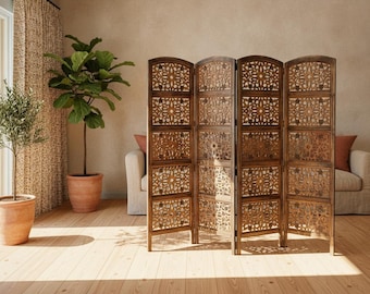 Room Divider Screen Wooden - 4 Panel Folding Privacy Screen, Hand Carved Rajasthan Antique Brown Partition, 80x72 Freestanding Decor