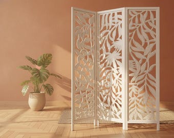 Room Divider Screen Wooden Folding Privacy Partition, 60x72 Boho Hand Carved White Wash 3 Panel Folding Screen, Decorative Portable