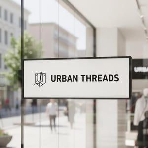 Może przedstawiać: Prostokątny, dwustronny szyld z czarną ramą i białym tłem. Na szyldzie widnieje napis "URBAN THREADS" czarnymi, bezszeryfowymi wielkimi literami oraz czarne logo przedstawiające igłę z nitką wykonane techniką liniową.