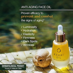 Puede incluir: Una botella amarilla de Kahai Oil con un cuentagotas, junto a un objeto pequeño, marrón y texturizado. El texto en la botella dice "Kahai Oil 100% Natural Anti-Aging". La imagen también incluye texto sobre los beneficios antiedad.