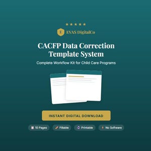 Op de afbeelding: Een digitaal CACFP-datacorrectiesjabloonsysteem voor kinderopvangprogramma's van EVAS DigitalCo. De blauwgroene afbeelding bevat witte tekst, twee documentpictogrammen, een gouden knop met de tekst INSTANT DIGITAL DOWNLOAD en vier pictogrammen voor 10 Pages, Fillable, Printable en No Software.