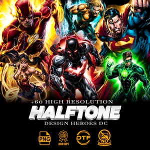May include: A vibrant digital illustration featuring DC Comics superheroes, including The Flash, Wonder Woman, Aquaman, Superman, Green Lantern, and a futuristic Batman. The image includes the text "+60 HIGH RESOLUTION HALFTONE DESIGN HEROES DC".