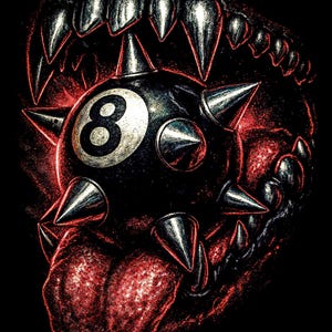 Op de afbeelding: Een dreigende illustratie toont een zwarte, stekelige 8-ball in een monsterlijke bek met scherpe tanden. Het kunstwerk heeft een donkere, korrelige esthetiek met rode highlights, wat een opvallend en edgy ontwerp cre&euml;ert.