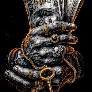 Op de afbeelding: Illustratie van een hand die een stapel Amerikaanse $100 biljetten, gouden ringen, een gouden ketting en een gouden sleutel vasthoudt tegen een zwarte achtergrond. De hand heeft een getextureerd, metallic uiterlijk en de afbeelding heeft een hoog contrast.
