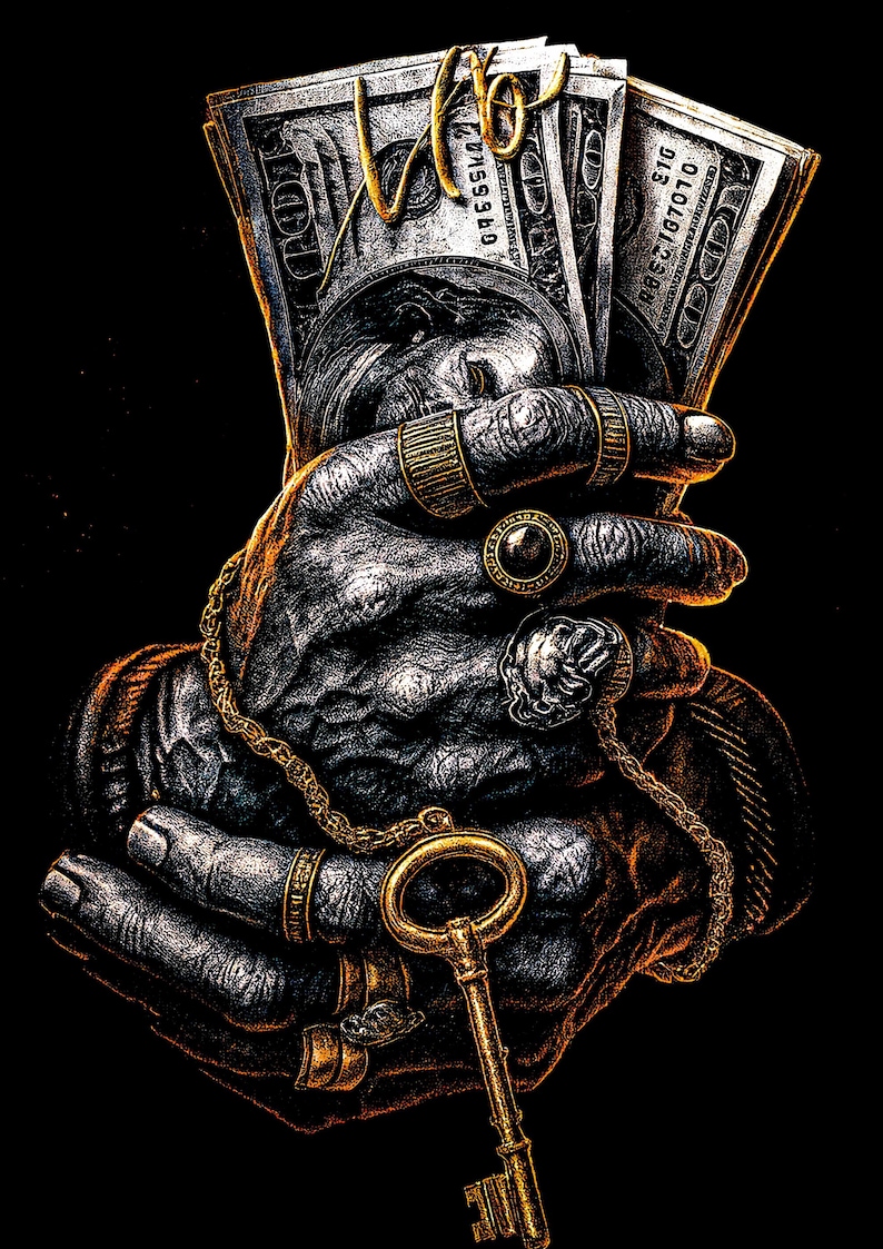 Op de afbeelding: Illustratie van een hand die een stapel Amerikaanse $100 biljetten, gouden ringen, een gouden ketting en een gouden sleutel vasthoudt tegen een zwarte achtergrond. De hand heeft een getextureerd, metallic uiterlijk en de afbeelding heeft een hoog contrast.