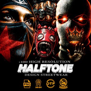 May include: A digital art design featuring three masked figures with intense expressions. The central figure is a red, cartoonish character with an open mouth. The image includes the text "+100 HIGH RESOLUTION HALFTONE DESIGN STREETWEAR".