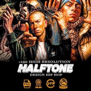 Könnte beinhalten: Digitaler Kunstdruck mit Porträts von drei Hip-Hop-Künstlern. Das Bild enthält den Text "+190 HIGH RESOLUTION HALFTONE DESIGN HIP HOP" und Symbole für PNG, 300 DPI, DTF und No Background. Das Kunstwerk zeigt eine detaillierte Illustration.