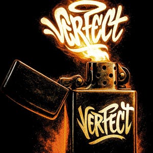 Op de afbeelding: Een zwart en goudkleurig aansteker met het woord "PERFECT" in gestileerde letters. De aansteker is open, met vlammen en het woord "PERFECT" in vlammen erboven. De achtergrond is zwart.