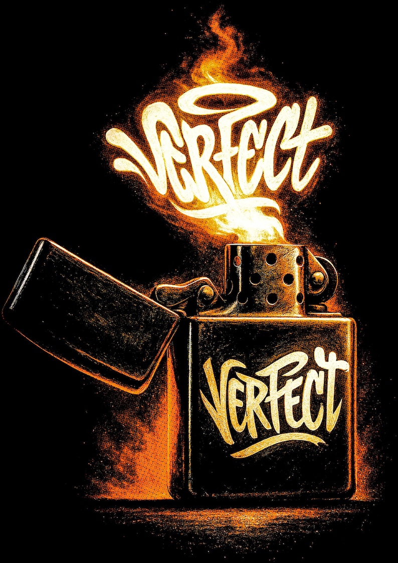 Op de afbeelding: Een zwart en goudkleurig aansteker met het woord "PERFECT" in gestileerde letters. De aansteker is open, met vlammen en het woord "PERFECT" in vlammen erboven. De achtergrond is zwart.