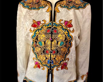Designer Silk Jacket Small: Adrianna Papell Ornate Scarf Print Lined 1980s French Women’s Jacket