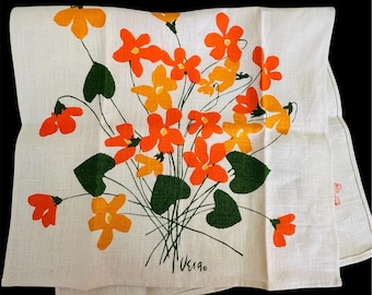 Vera Neumann Tea Towel – Orange and Green 1970's Floral Design, Unused Vintage Kitchen Decor